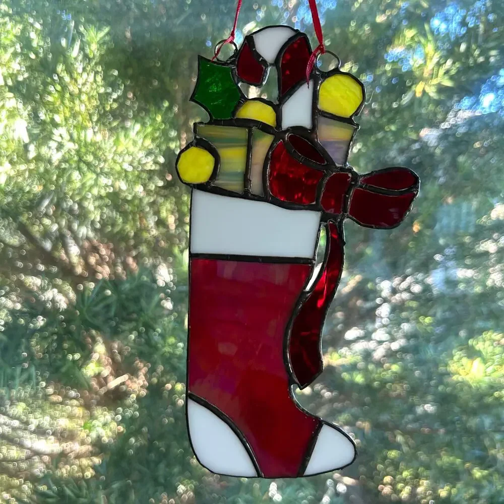 Vintage Stained Glass Christmas Stocking – 9” Iridescent Holiday Suncatcher